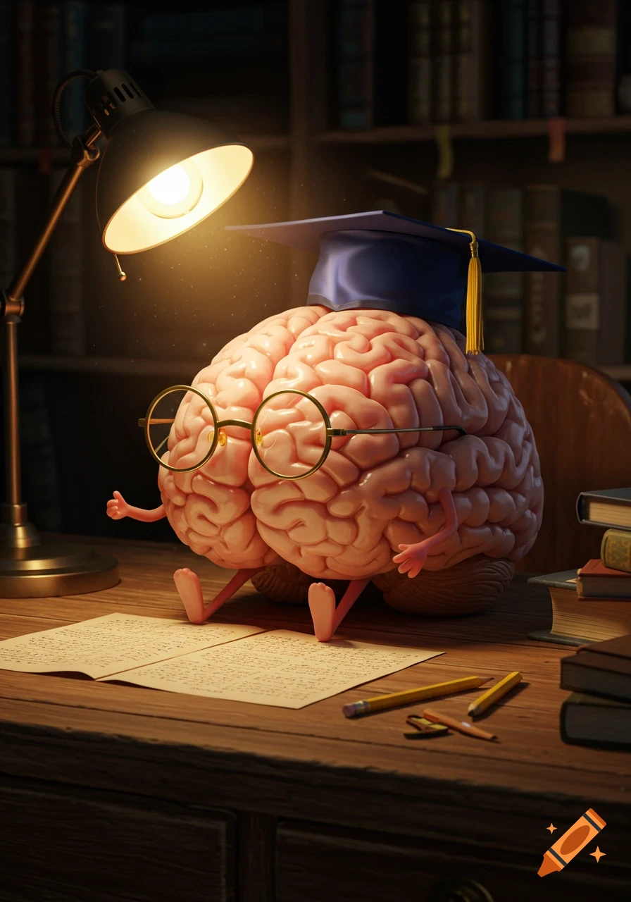 A cartoon brain wearing glasses and a graduation cap sits at a desk with papers and pencils under a glowing lamp, surrounded by books.