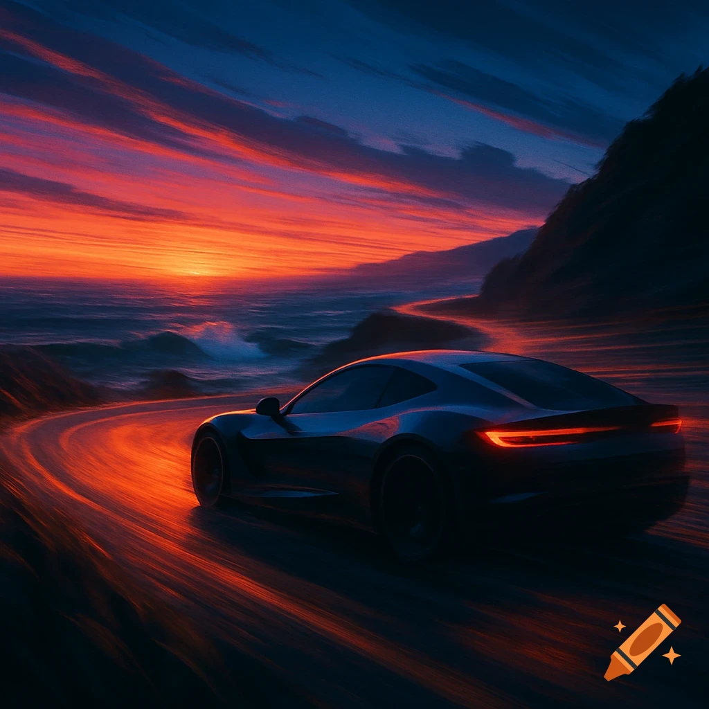 A dark sports car drives along a winding coastal road at sunset, with a vibrant orange and blue sky over the ocean.