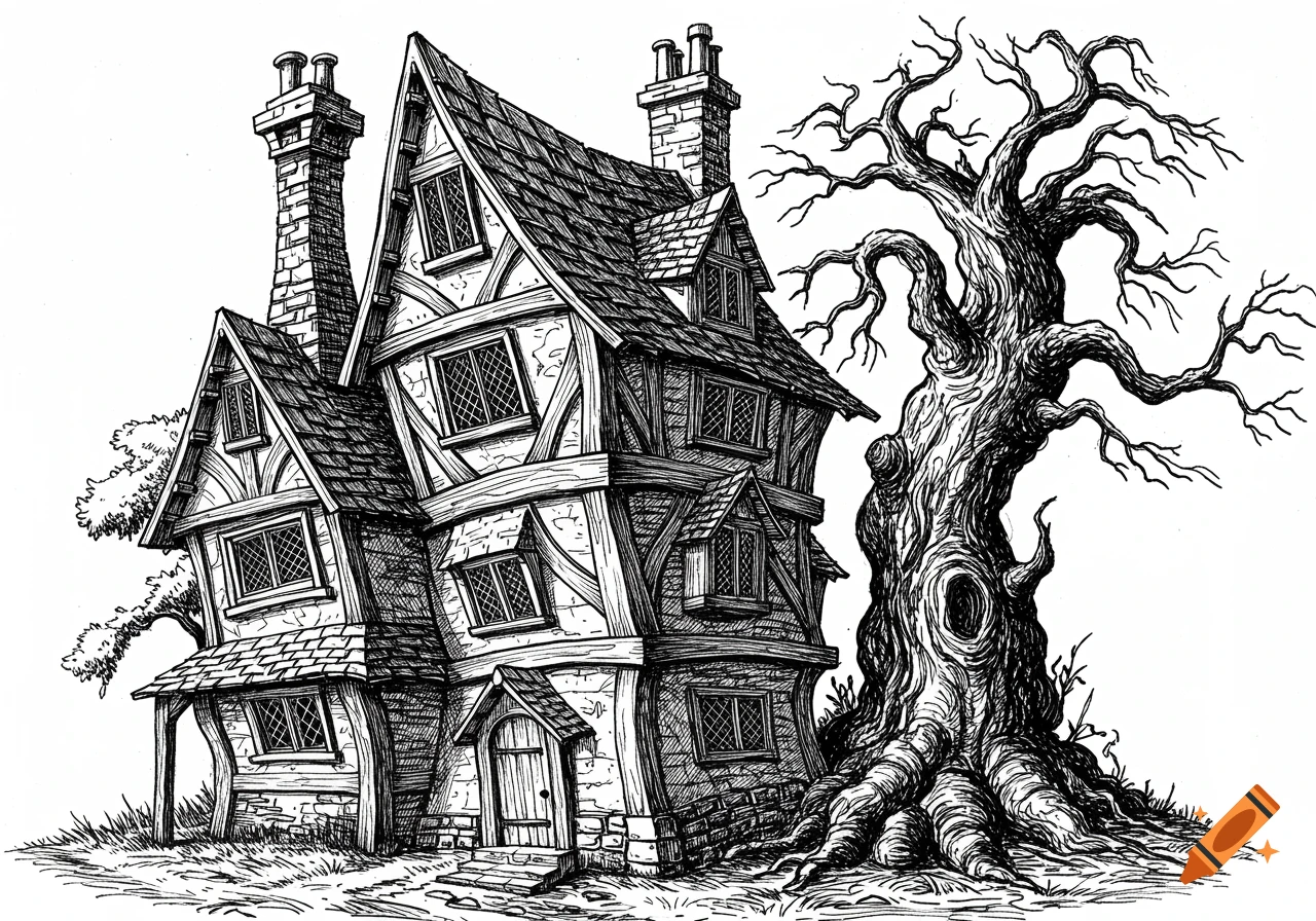 A black and white pen-and-ink illustration of a crooked Tudor house with a large, gnarled tree beside it.