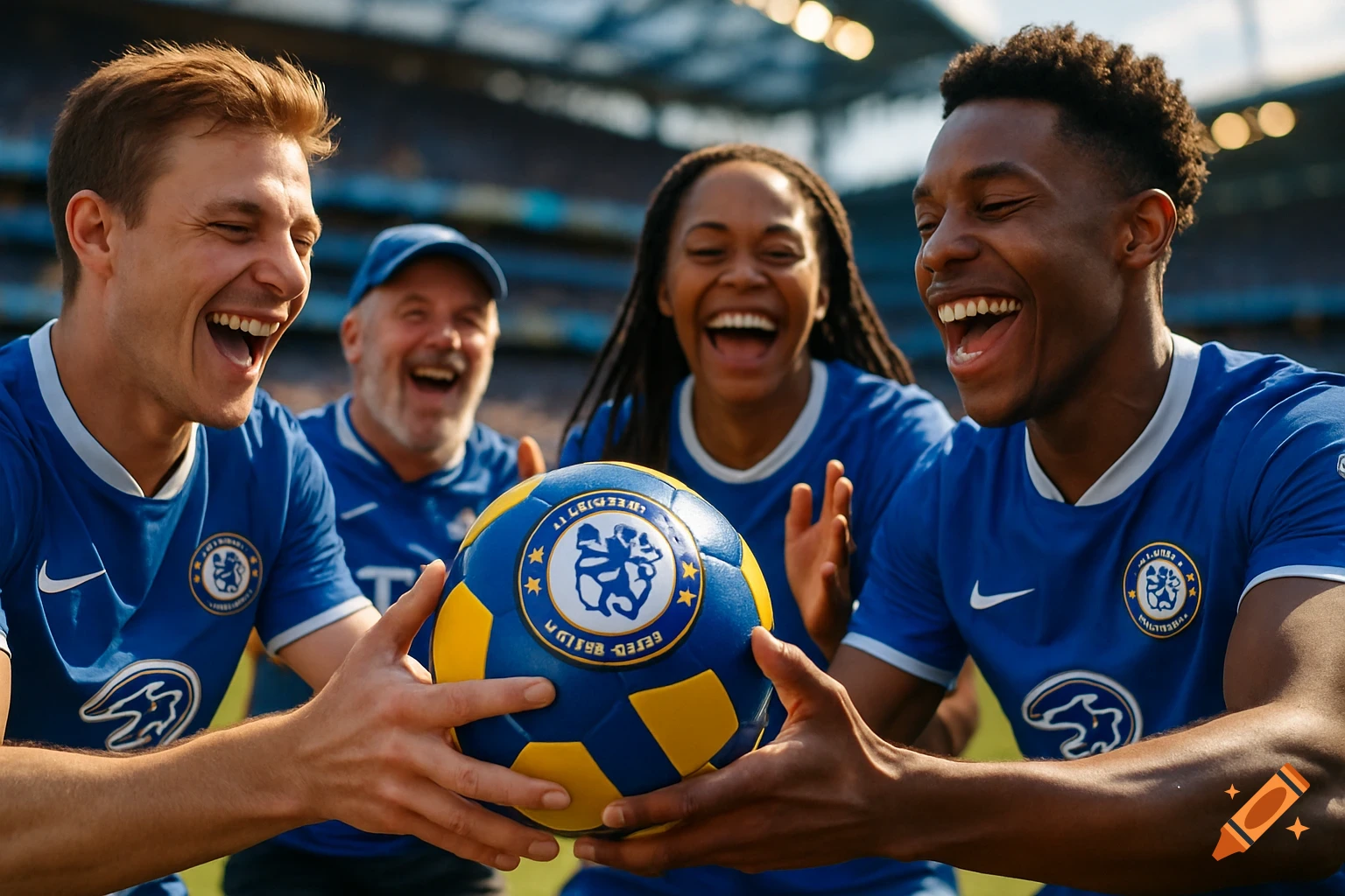 Four happy people in blue Chelsea jerseys laughing and holding a blue and yellow soccer ball in a stadium.