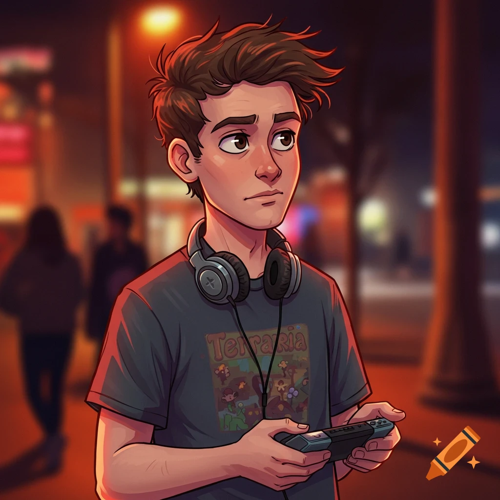 A cartoon young man with headphones and a Terraria shirt holds a game controller outdoors at night.