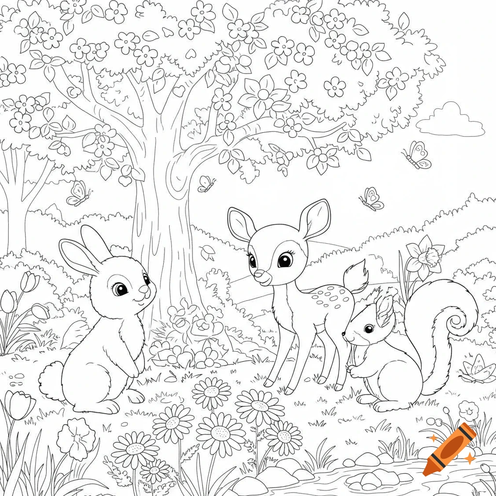 A line art coloring page features a cute bunny, deer, and squirrel surrounded by trees, flowers, and butterflies in a forest scene.