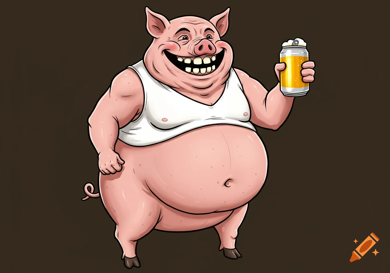 A cartoon pig-man hybrid with a beer belly and a big smile wears a white tank top and holds a can of beer.