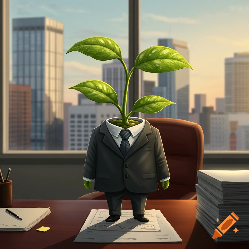 A whimsical illustration of a small plant in a business suit standing on papers at an office desk with a cityscape background.