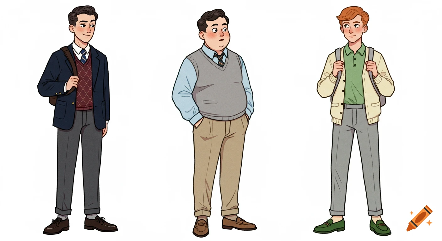 Three preppy teenage boys in a bold graphic cartoon style with various outfits and expressions, against a white background.
