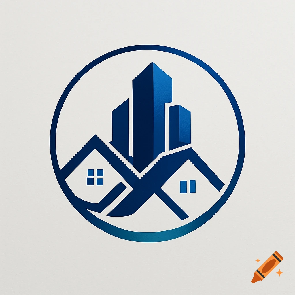 A blue circular logo featuring stylized buildings and houses representing a housing estate.