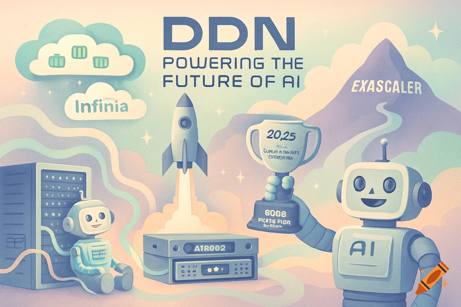 A pastel-colored digital illustration showcasing two smiling AI robots, a launching rocket, data servers, and a mountain labeled "EXAScaler," with the title "DDN: Powering the Future of AI."