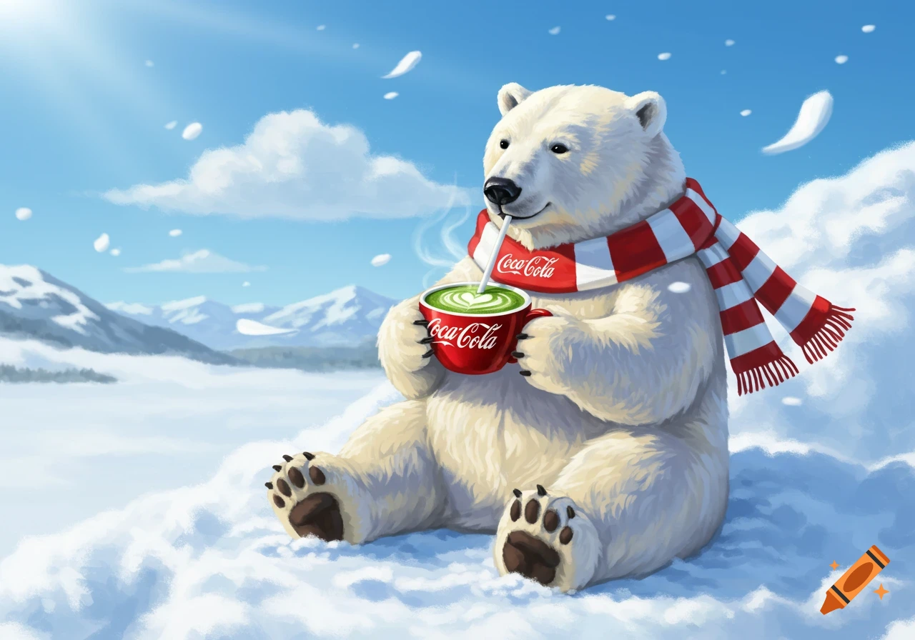 An illustrated polar bear in a Coca-Cola scarf sips a matcha latte from a red Coca-Cola mug, sitting in a snowy mountain landscape.