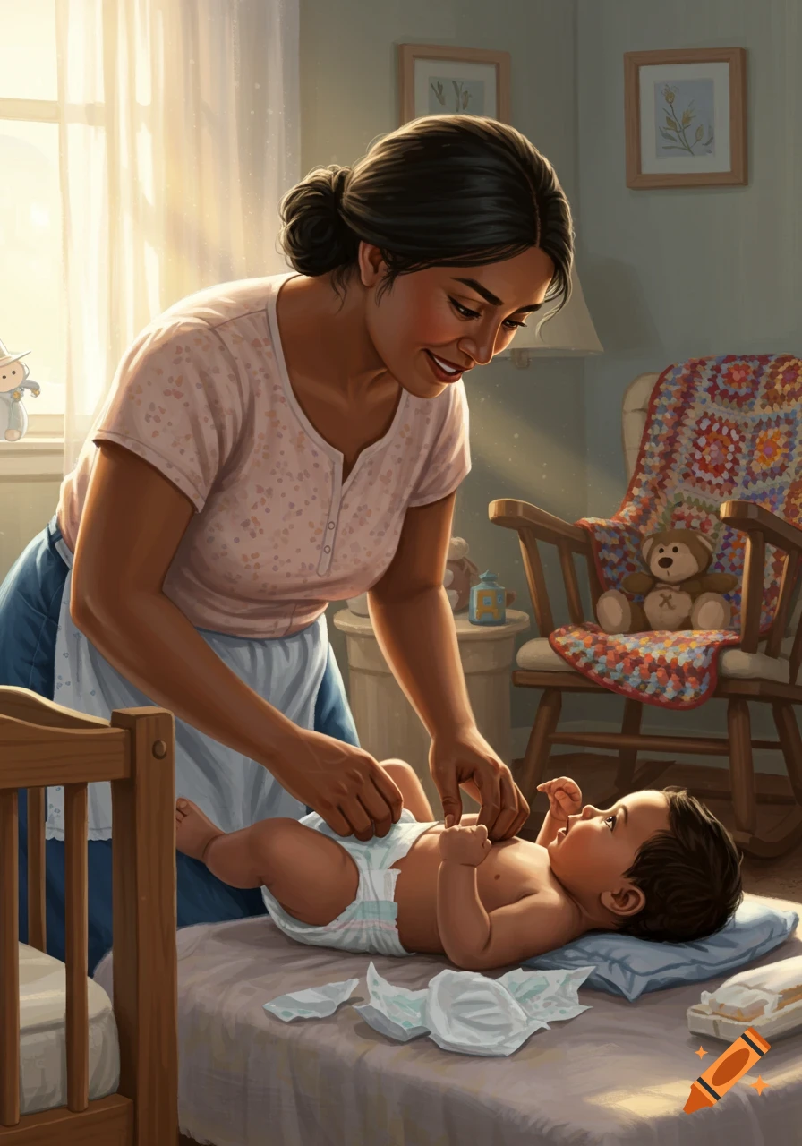 A smiling Latina woman gently changes a baby's diaper on a changing table in a sunlit nursery, digital painting.