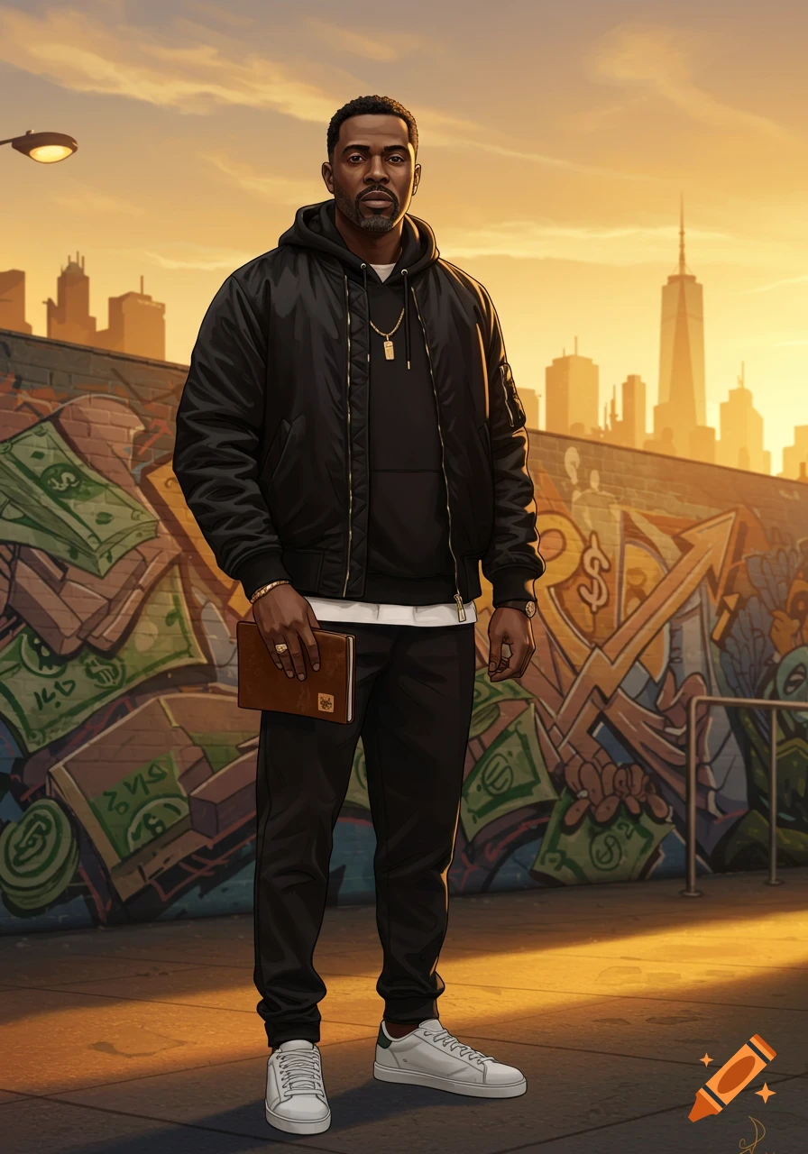A confident African-American man in a black bomber jacket holds a journal in front of a graffiti mural at sunset in a city.