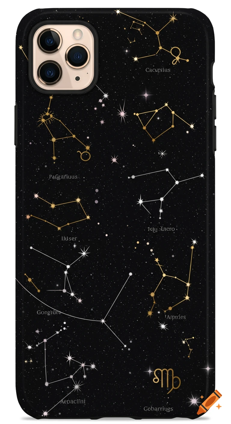 Black phone case with golden and white constellation outlines and scattered stars.
