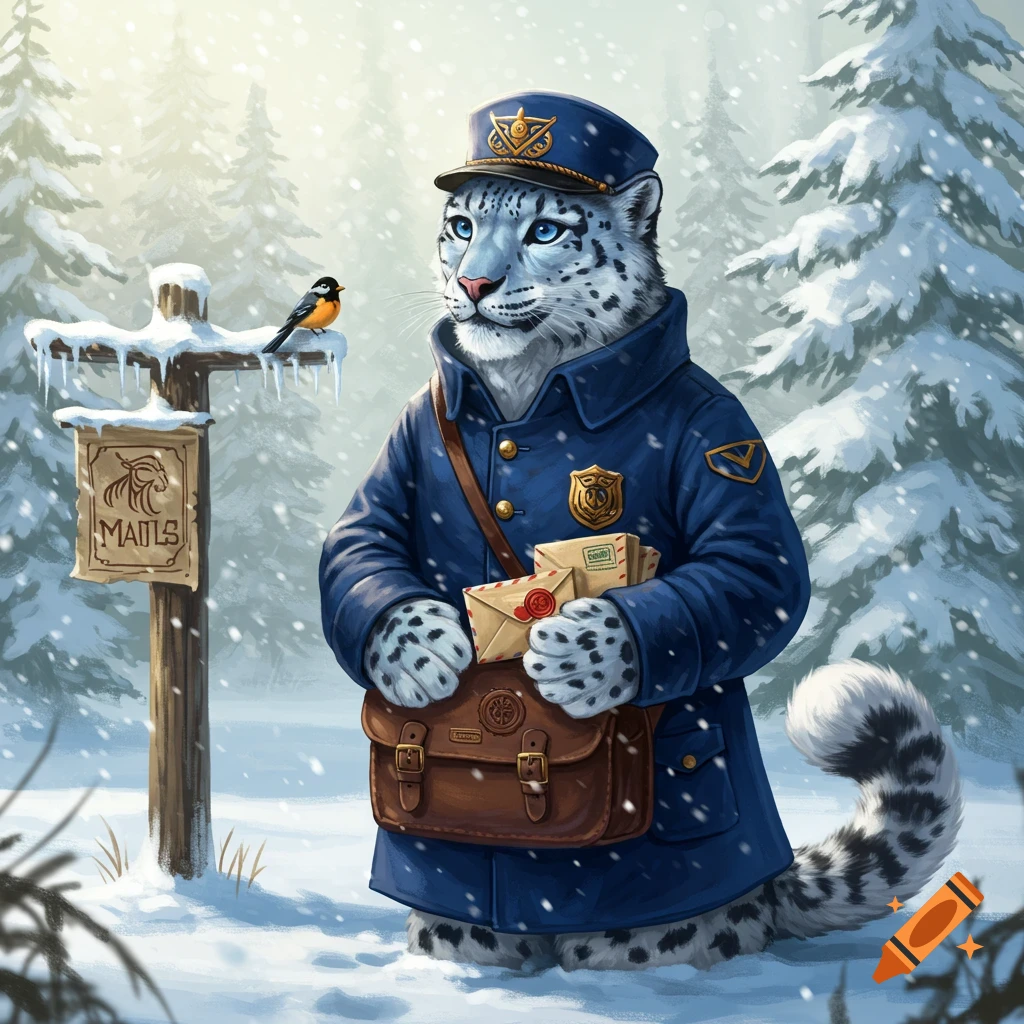 A snow leopard dressed as a mailman in a blue uniform stands in a snowy forest, holding letters and a satchel, next to a signpost with a bird.