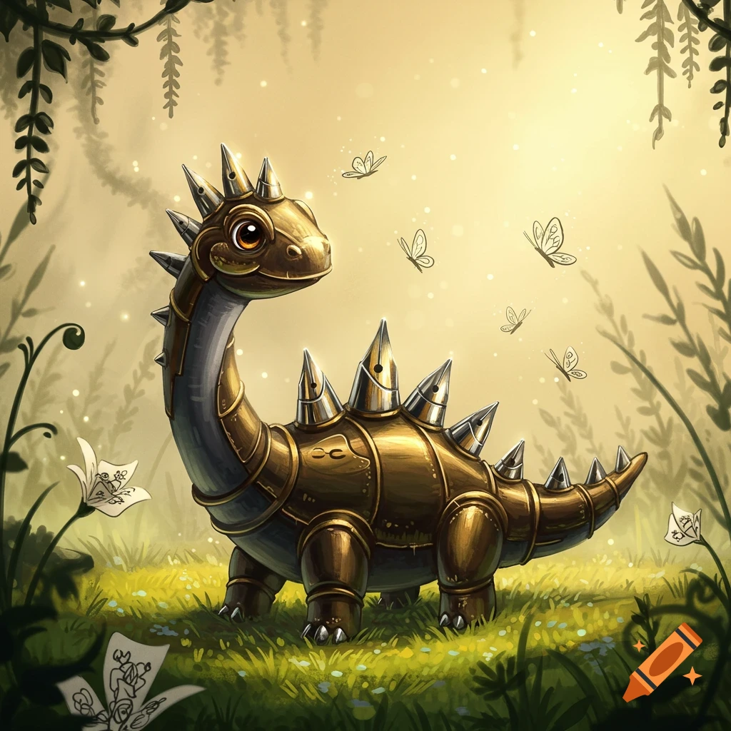 A cute, brown and silver steampunk dinosaur with fountain pen nib scales stands in a glowing, grassy clearing with butterflies.