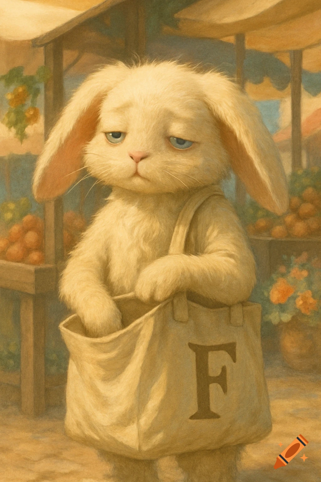 A sad humanoid bunny with fluffy fur stands in a market, reaching into a bag with a large 'F' on it.