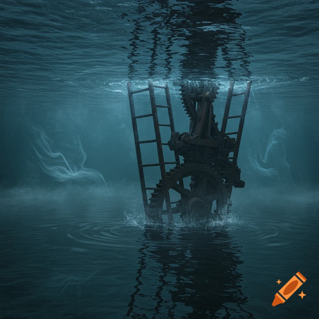 Photorealistic image of a large rusted mechanical structure, including gears and ladders, partially submerged in dark, murky water.