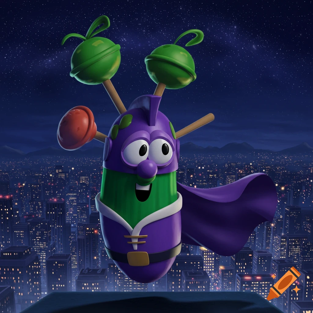 A cartoon superhero character, LarryBoy, a green cucumber with a purple costume and plungers, stands on a rooftop overlooking a nighttime cityscape.