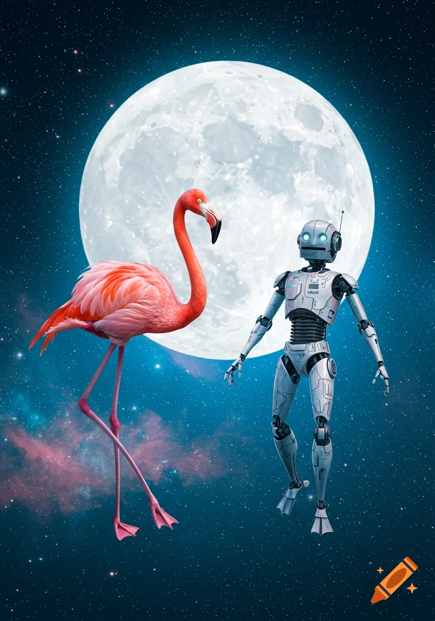 A flamingo and a robot float in space with a large, glowing moon behind them and distant stars.