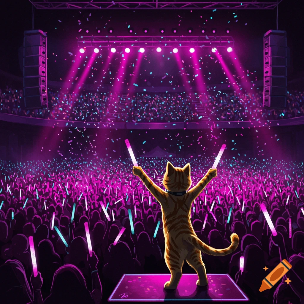 A ginger cat stands on a concert stage, viewed from behind, holding glow sticks and facing a massive crowd under bright pink lights.