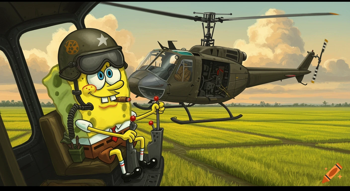Spongebob Squarepants in a pilot helmet and cigar, flying a military helicopter over Vietnam rice fields, with another gunship nearby.