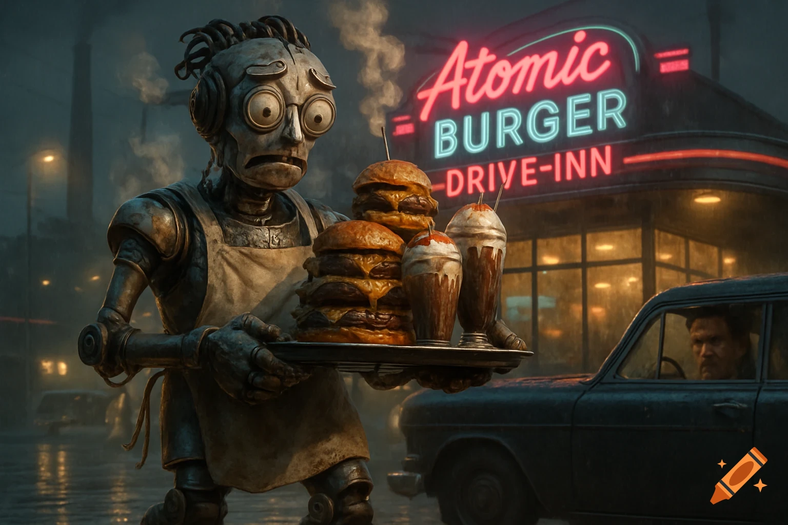 A clunky, distressed robot waiter carries a tray with tall burgers and milkshakes in the rain outside a neon-lit 'Atomic Burger' drive-in, with a customer in a car.