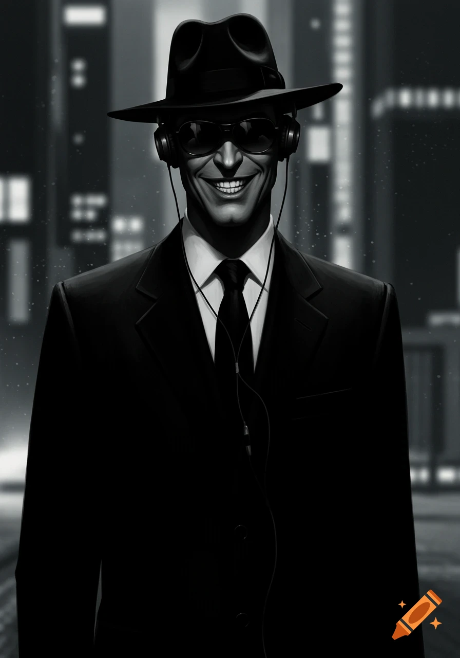 A stylized black and white portrait of a grinning man in a black suit, fedora, sunglasses, and headphones against a blurred city night background.