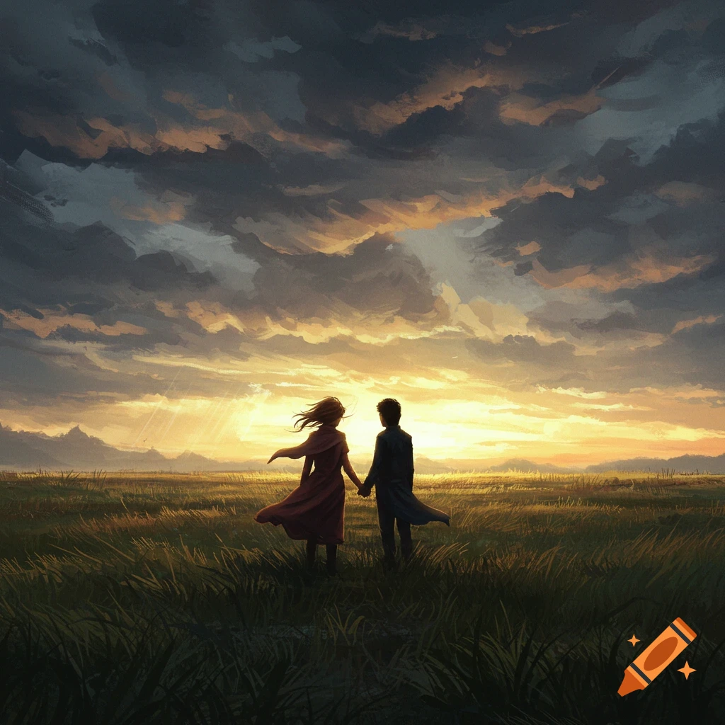 Two figures hold hands in a vast grassy field under a dramatic, stormy sunset sky, in a painterly style.
