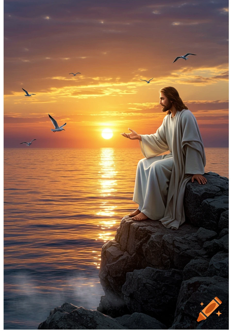 Jesus sits on a rocky cliff overlooking a calm sea at sunset, with gulls flying above as he extends his hand.