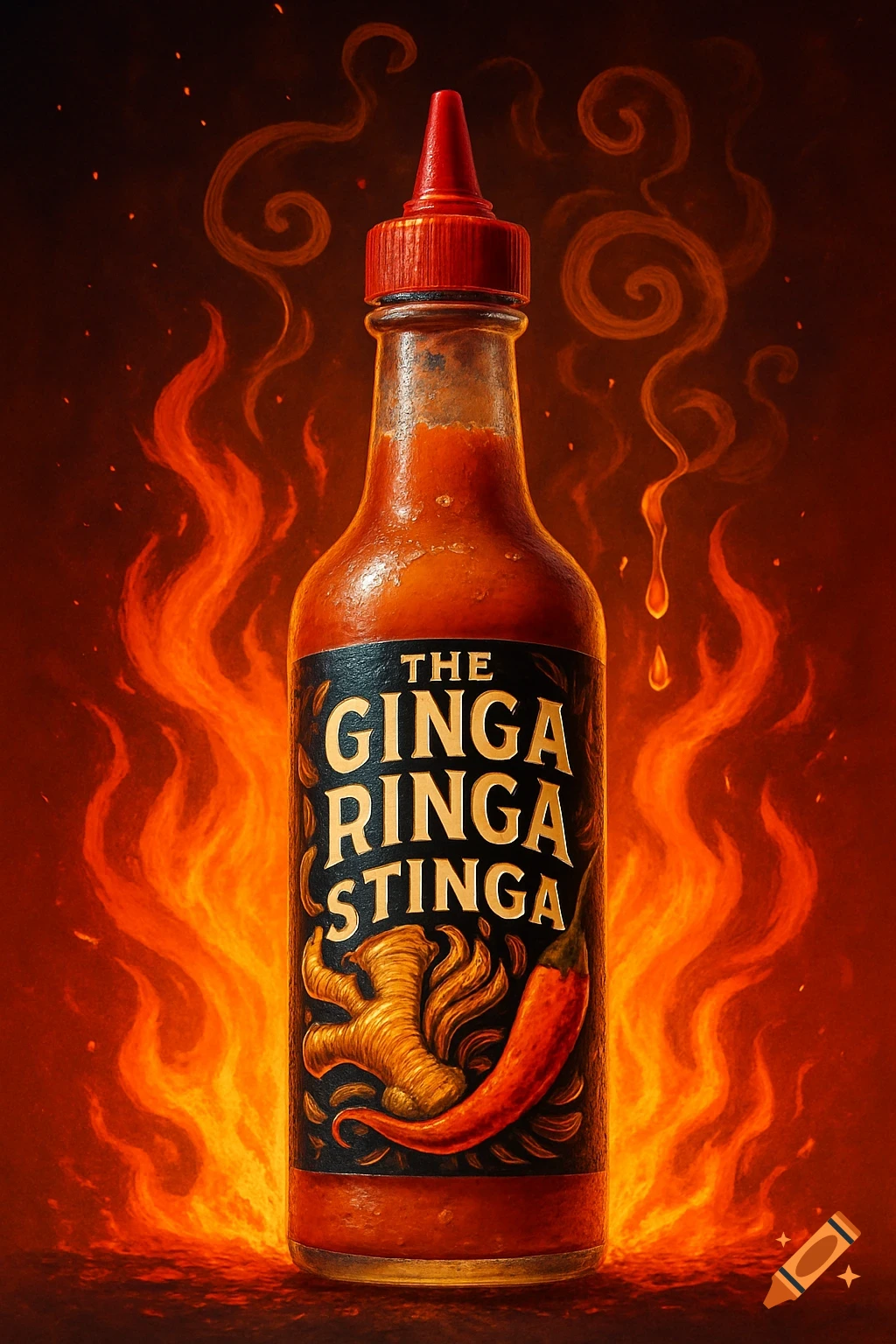 A bottle of 'The Ginga Ringa Stinga' hot sauce on fire against a fiery red and black background.