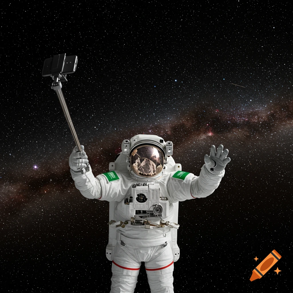 Photorealistic image of an astronaut in a white suit, with Saudi flags on the shoulders, taking a selfie in outer space.