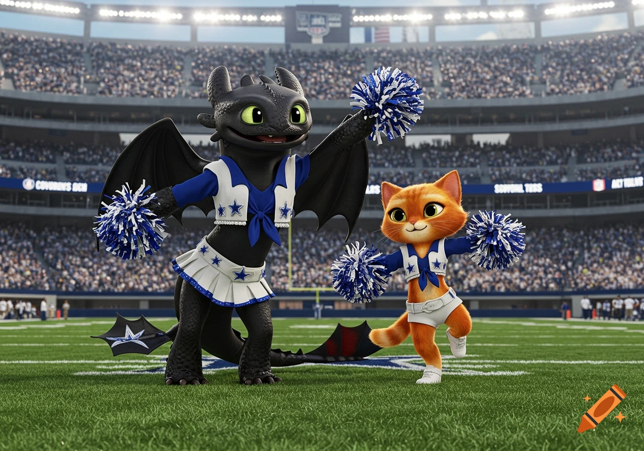 Toothless the dragon and Puss in Boots dressed as Dallas Cowboys cheerleaders on a football field in a stadium, photorealistic style.