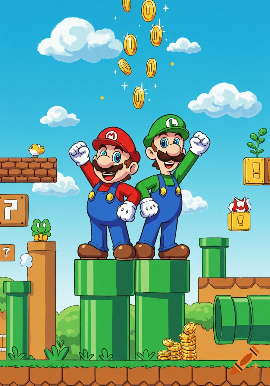 Cartoon of Mario and Luigi standing on green pipes in a bright Super Mario Bros. landscape with floating coins and question blocks.