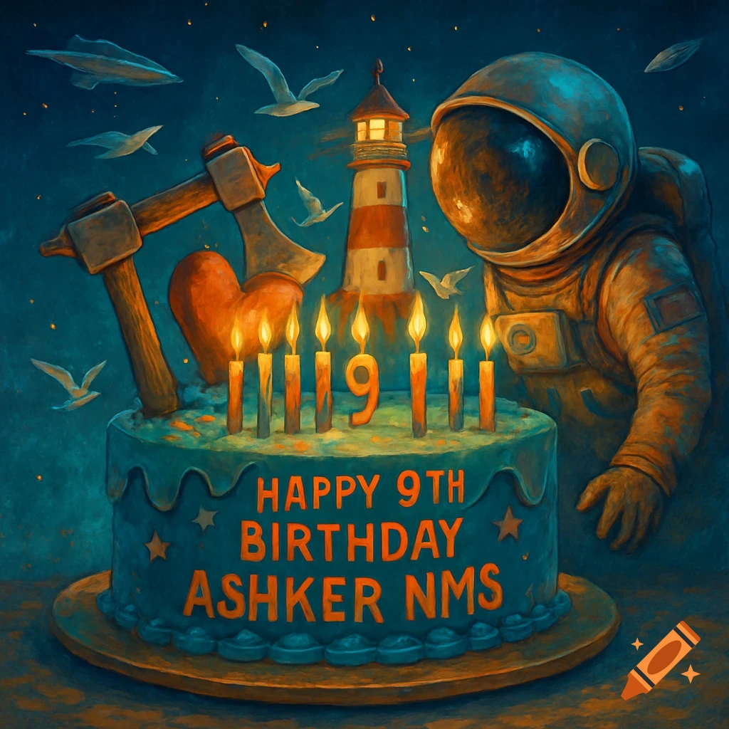 Painterly birthday cake with 'Happy 9th Birthday Ashker NMS', lit candles, and an astronaut, lighthouse, axe, seagulls. Starry night background.