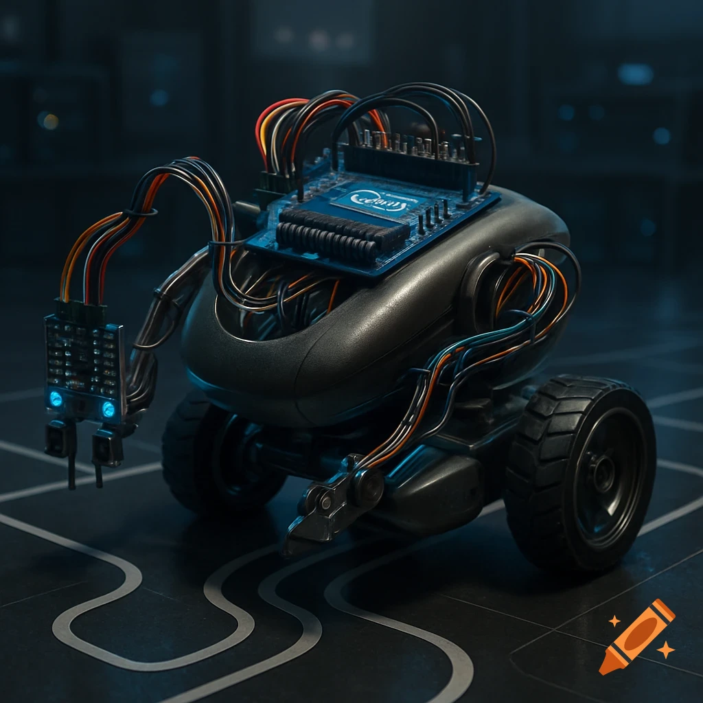 A photorealistic line-following robot with a visible blue circuit board and colorful wires on a dark track.