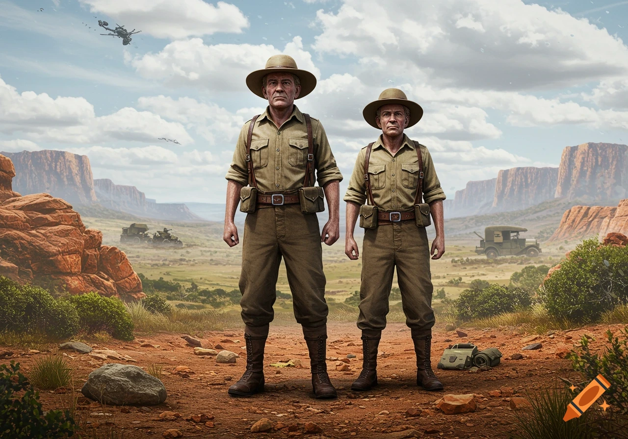 Two men in safari-style uniforms stand in a vast arid landscape with mesas and military vehicles under a cloudy sky.
