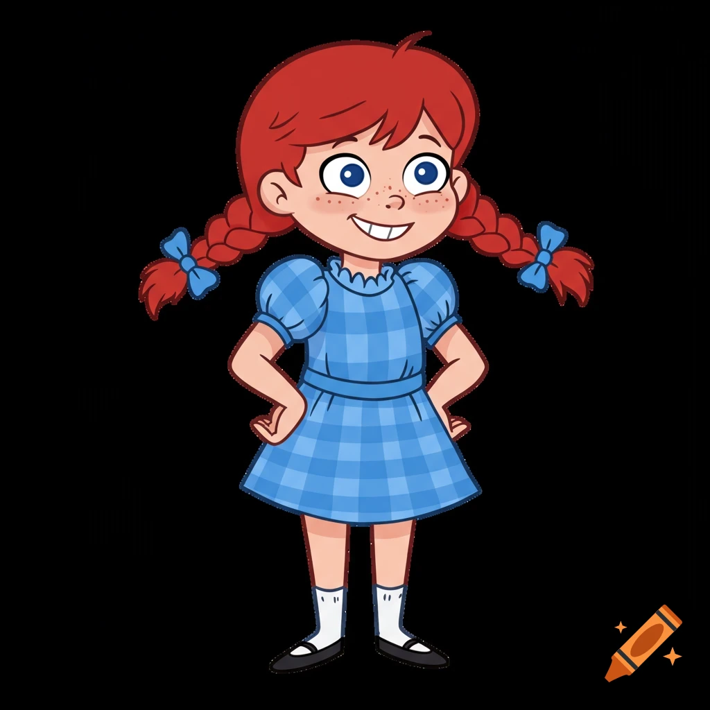 A cartoon girl with red pigtails, freckles, and a blue plaid dress stands smiling with hands on her hips, in the style of Phineas and Ferb.