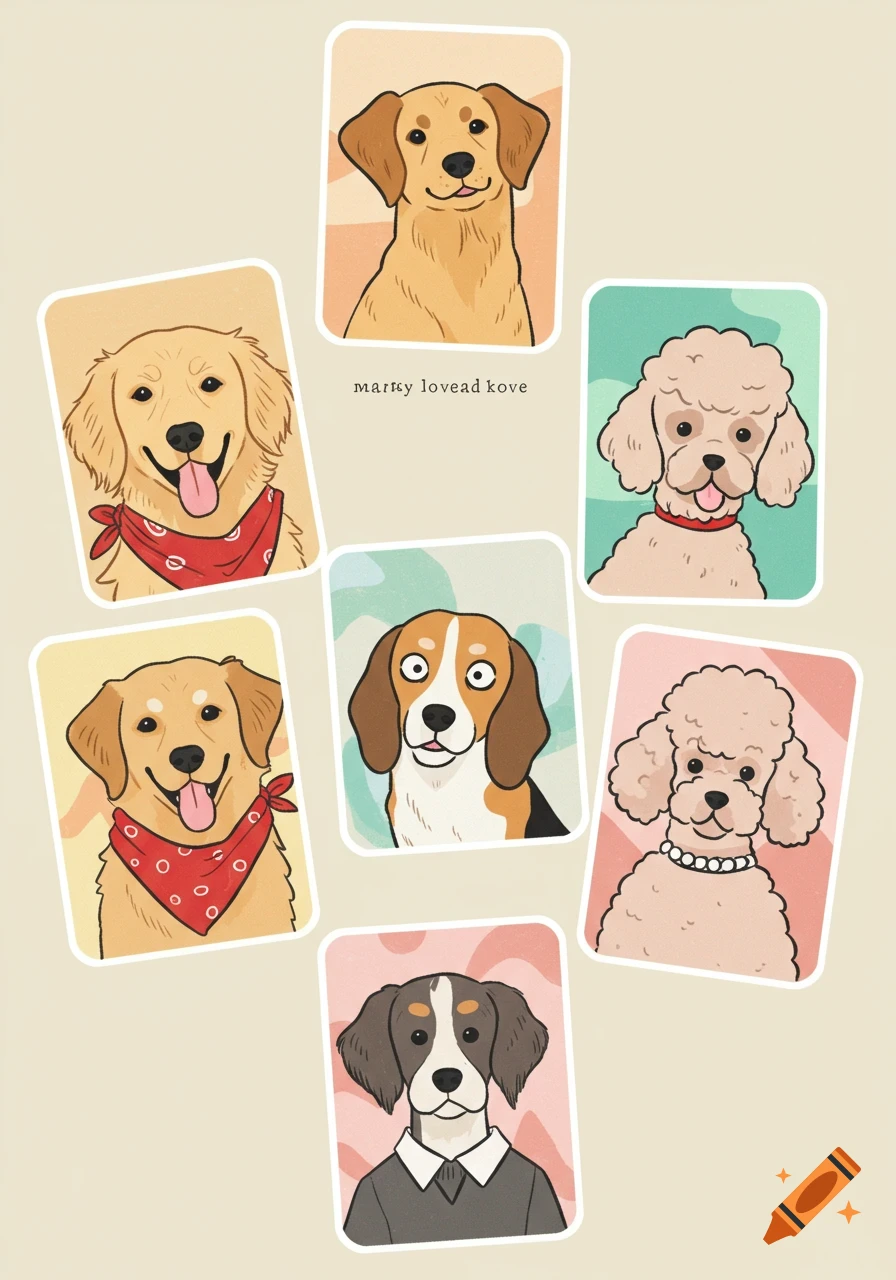 A collage of seven cartoon dog illustrations, including golden retrievers, poodles, and a beagle, each in a rounded frame.