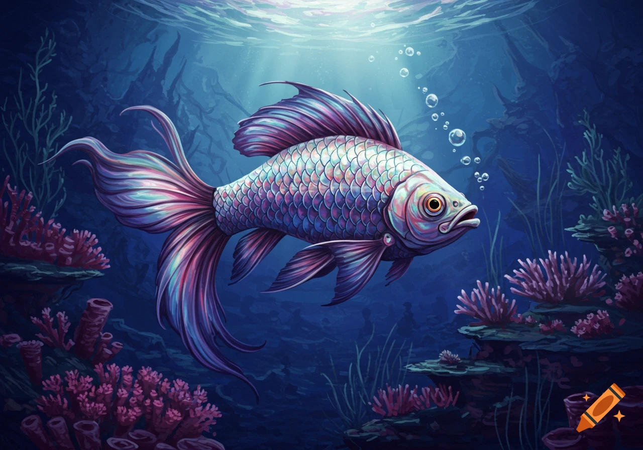 A vibrant, iridescent fish with purple and pink fins swims in a dark blue underwater scene with coral and plants, lit by sunlight from above.