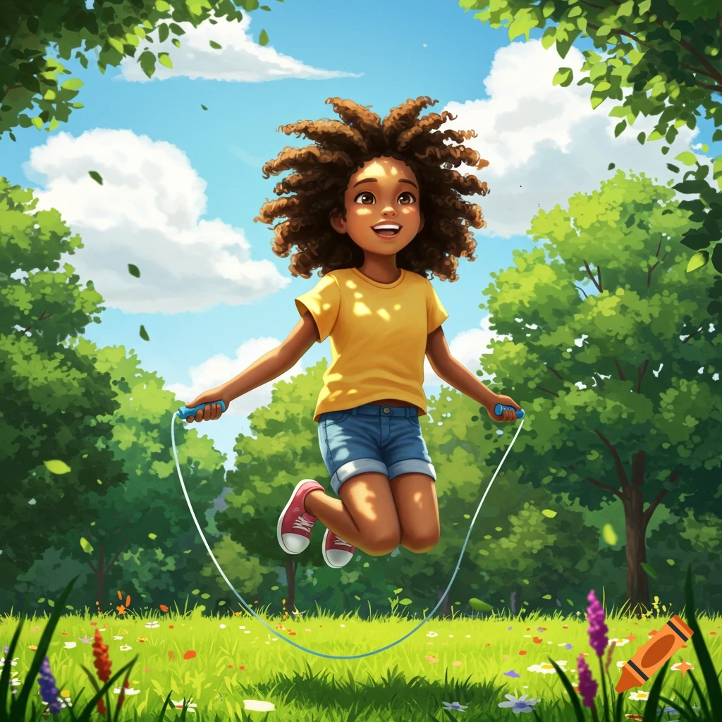 Cartoon illustration of a young African American girl jumping rope in a sunny park with trees and flowers.