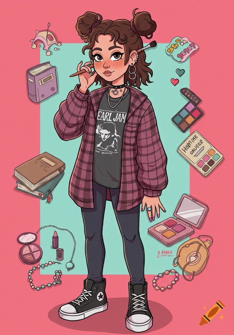 A cartoon illustration of a teenage girl with space buns and a plaid shirt, surrounded by books, makeup, and jewelry.