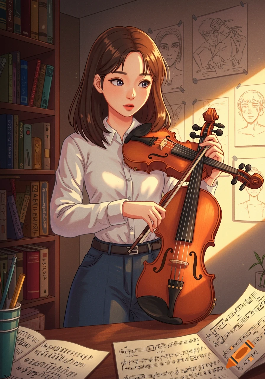 A young Korean cartoon girl with brown hair, wearing a white shirt and blue jeans, stands in a sunlit room, holding a violin and bow. A bookshelf and framed drawings are in the background, with sheet music on a desk in the foreground.