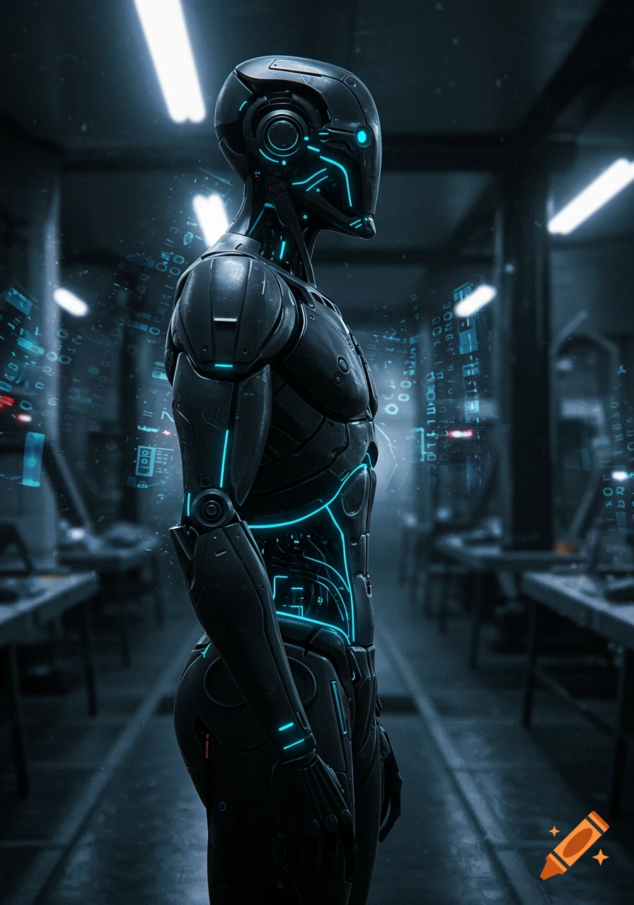 A dark, sleek humanoid android with glowing blue lines stands in profile in a dimly lit, futuristic laboratory with digital displays.