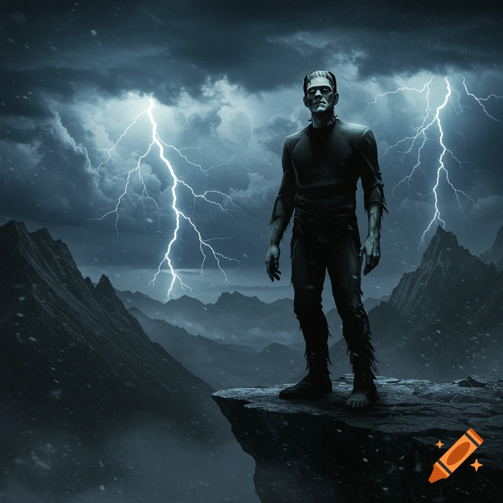 Frankenstein's monster stands on a cliff edge overlooking a stormy, lightning-filled mountain landscape.