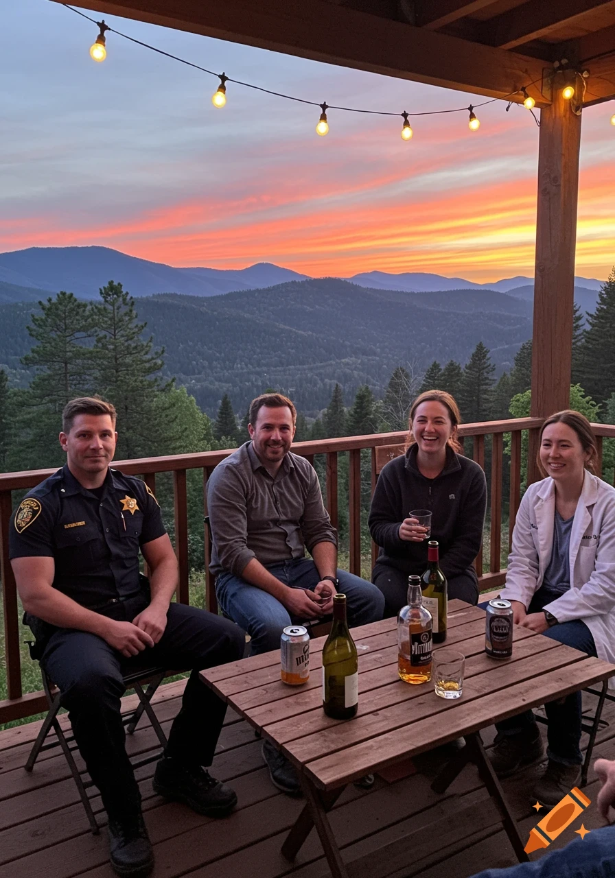 Four friends enjoying drinks on a rustic mountain patio at sunset, with string lights and a view of pine-covered hills.