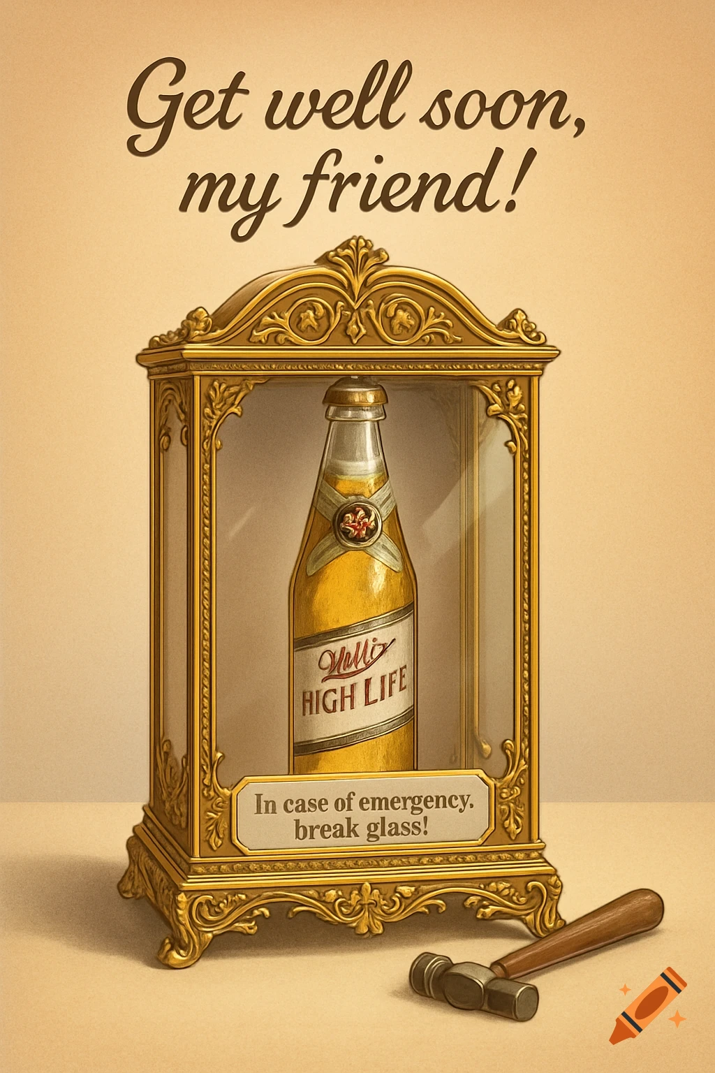 A vintage-style get well card features a gold display case holding a Miller High Life beer bottle, with a small mallet beside it and the text 'In case of emergency. break glass!' Below the case, the card reads 'Get well soon, my friend!'