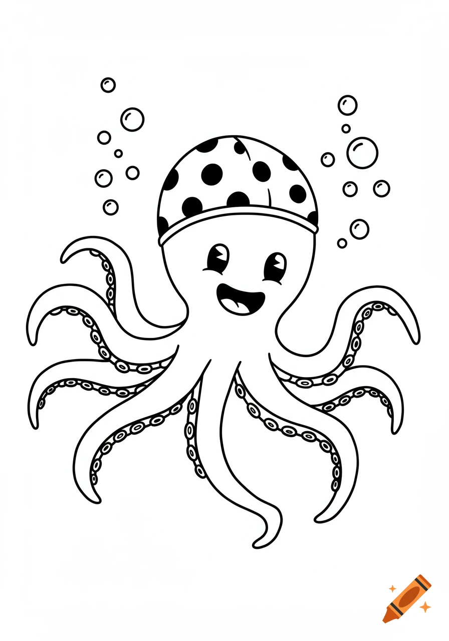 A simple black and white cartoon of a happy octopus wearing a polka dot swim cap, surrounded by bubbles.