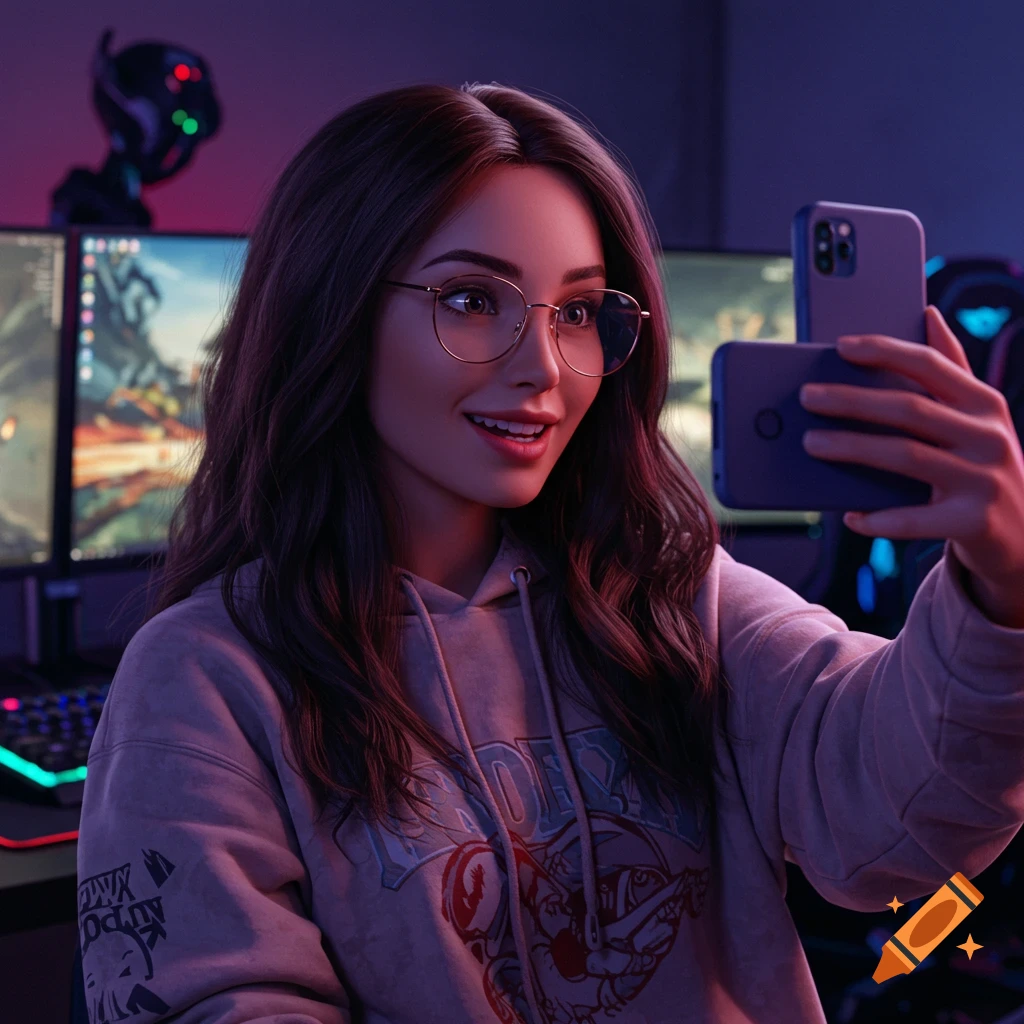 Photorealistic portrait of a young woman with glasses taking a selfie in a purple-lit gaming room with dual monitors.