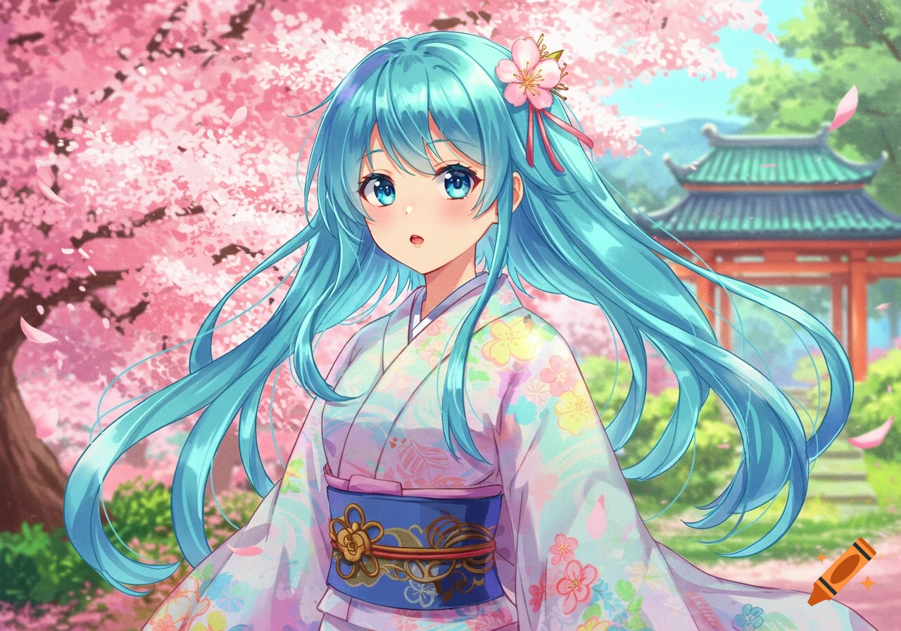 An anime girl with long blue hair wears a patterned kimono under pink cherry blossom trees, with a traditional Japanese building in the background.