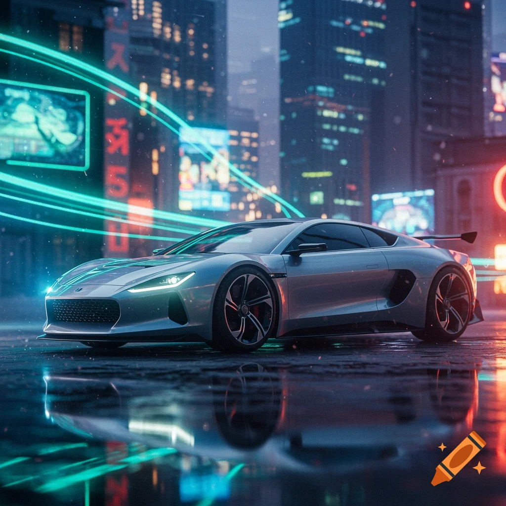 A sleek silver sports car with glowing lights on a wet city street at night, surrounded by neon signs and futuristic skyscrapers.