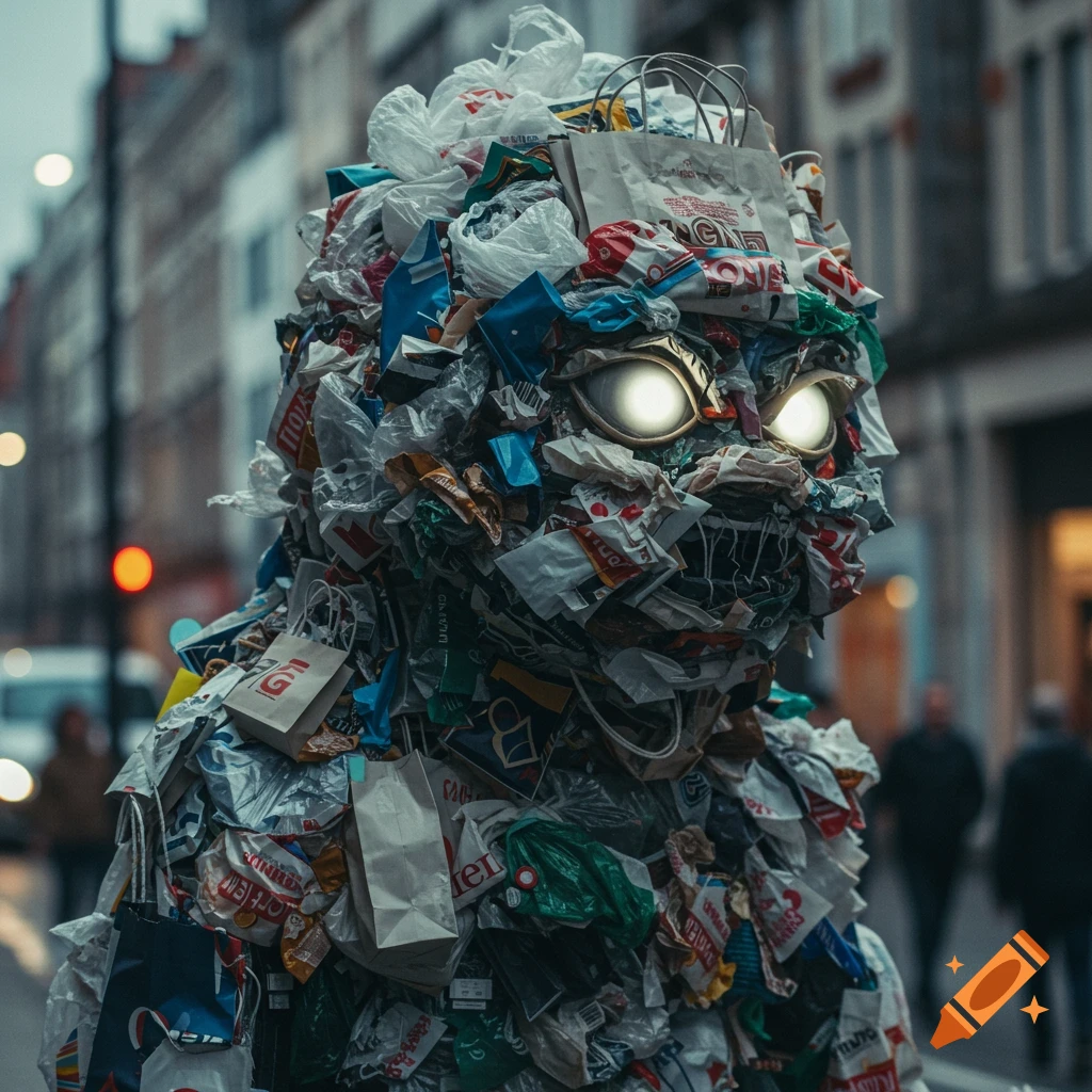 A monster-like figure made entirely of plastic bags and trash stands in a city street, its eyes glowing brightly. Photorealistic style.