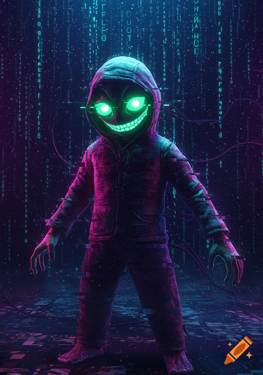 A creepy, hooded figure with glowing green eyes and a wide smile stands in a dark, glitching digital world with falling green code.